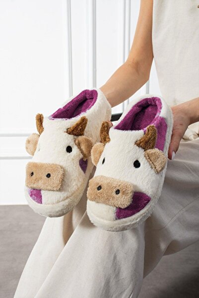 SUNSTEP Sweet Cow Soft Furry Gondola Plush Slippers