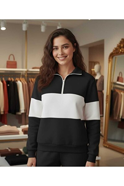 LiyAdaCo Hanorac unisex negru-alb cu jumătate de fermoar și guler polo tricou