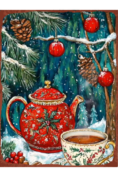 BiveSa Yılbaşı Demlik Ve Fincan Temalı Ahşap Retro Poster