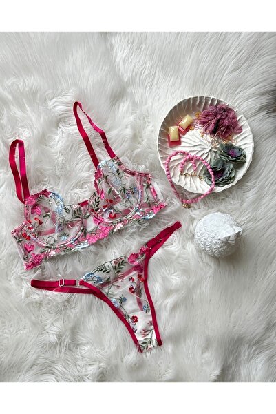 luneaintimates Çiçek İşlemeli Pembe Detaylı Balenli Desteksiz Transparan Süty...