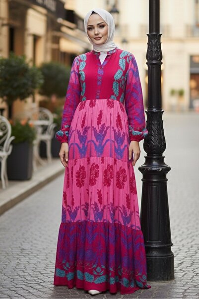 Bestenur Seyer Φόρεμα με μισό κουμπί υφαντό βισκόζη 1485 - Φούξια