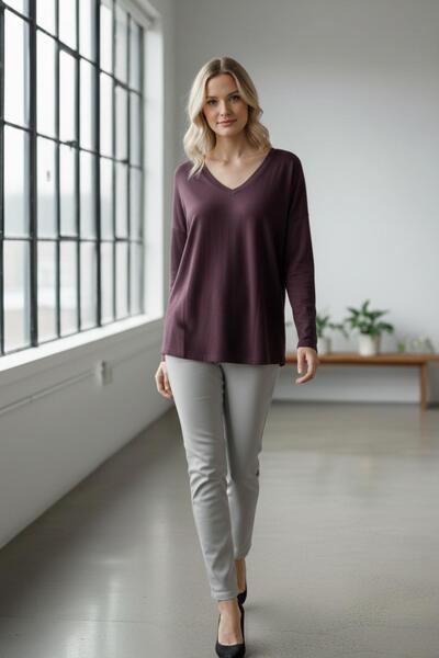 Mossta V-Neck Viscose Two-Thread Blouse - Plum
