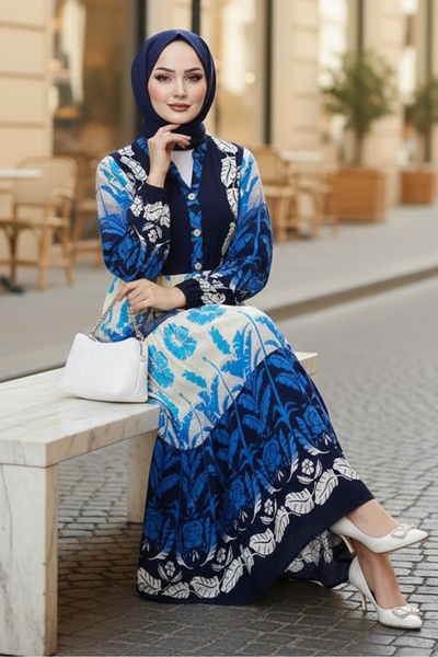 Bestenur Seyer Half Button Woven Viscose Dress 1485 - Indigo