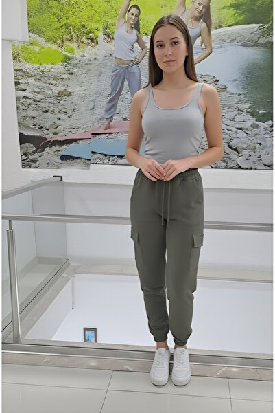 kemmy Cargo Pocket Khaki Jogger Sweatpants with Elasticated Legs