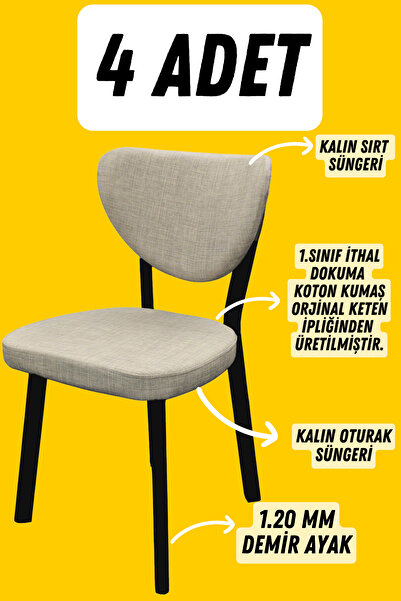 KUMS MOBİLYA 4 Adet Elma Mutfak Salon Balkon Sandalyesi Siyah demir Ayak 1. Sınıf Babyface Kumaş