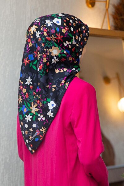 Vissona Tivil Silk Scarf 60909 - 13 - 0033 - 0017 Navy Blue Floral Pattern