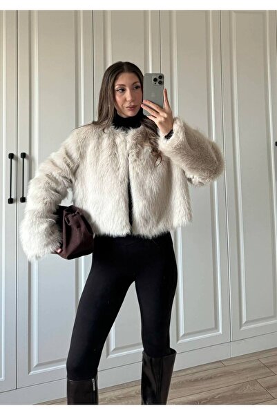 LİNDALİNA TEKSTİL Kadın BEJ Suni KÜRK YAKASIZ BEL BOY Ceket MAZELF BY ELİF TÜ...