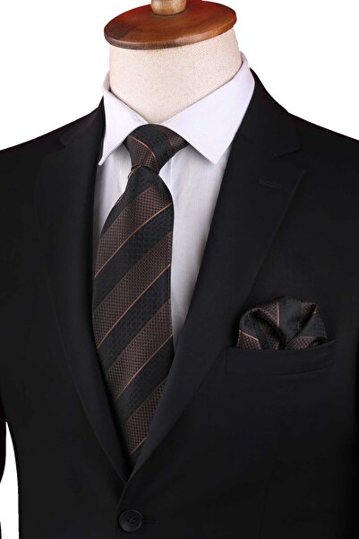 Kravatkolik Κλασική γραβάτα με μαντήλι με μοτίβο καφέ ρίγες KK13146