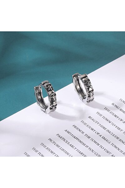 northstarshop Gotik Kurukafalı Geçirmeli Vintage Triple Skull Halka Tipi Motorcu 316l Erkek Çelik Küpe (Çift)