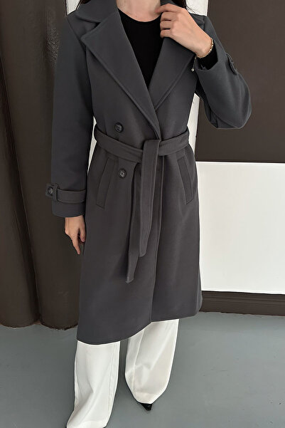 Neşeli Butik Women's Anthracite Lined Belted Cashmere Coat Nbg048