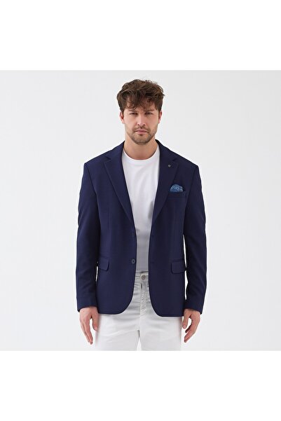 Frappoli Zeus Men's Dark Navy Blue Stretchable Stretch Fabric Fabric Fully Lined Slim Fit Mono Collar Sports Blazer Jacket