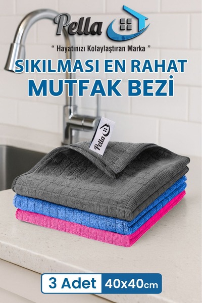 pella 3 Renk İthal Mutfak Bezi(Mikrofiber) -Yüksek Emici Havlu 40x40 cm