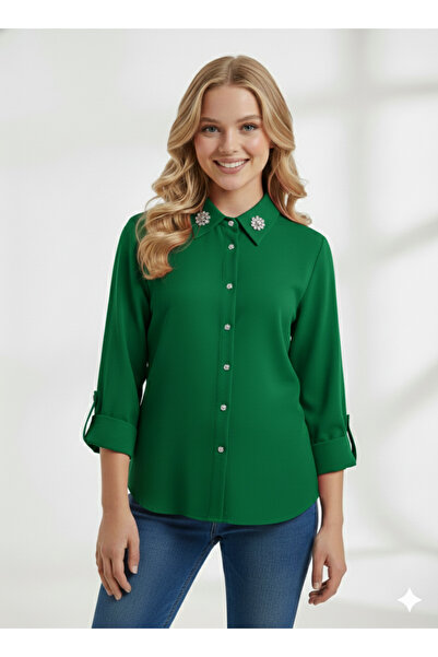 ribana Women's Model Comfortable Cut Buttoned Long Sleeve Shirt