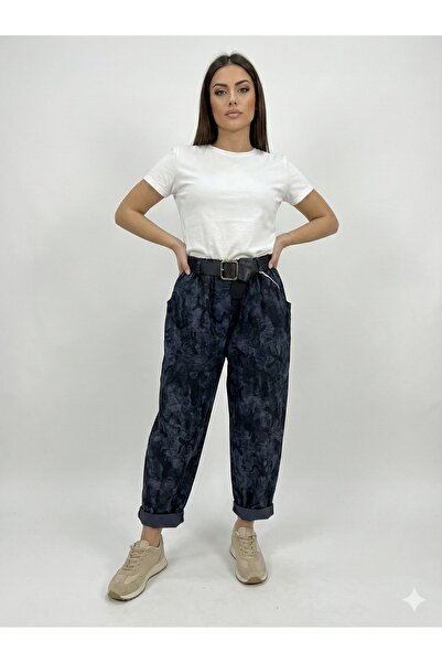 della moor Women's Navy Blue Italian Camouflage Pattern Loose Fit Wide Leg Carrot/Shalwar Cut Stretchy Trousers