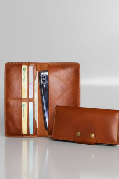 luvo Gerçek Deri Cüzdan El Yapımı Hakiki Premium Deri Italyan Dikiş 4 Kart Bölmeli Telefon Bölmeli Taba