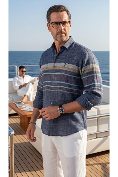 MEGALDİ Erkek Slim Fit Kesim Linen Keten Blok Desenli İndigo Uzun Kollu Gömlek