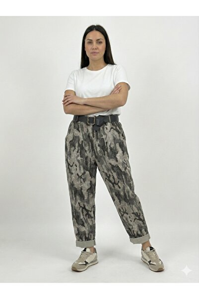 della moor Women's Beige Italian Camouflage Pattern Loose Fit Wide Leg Carrot/Shalwar Cut L Stretch Fabric Stretchy Trousers