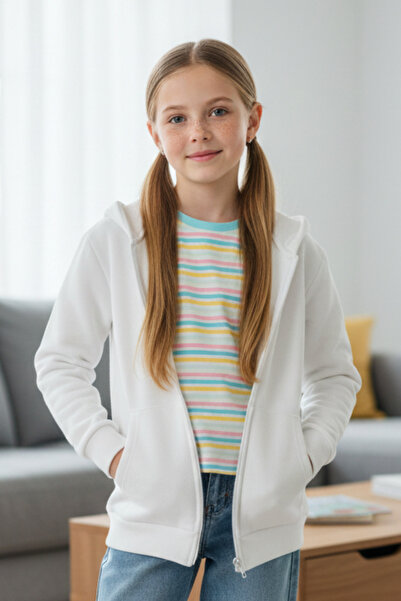 Difa Детска качулка, цип, кенгуру джоб, екрю суитшърт кардиган - 100% памук, ...