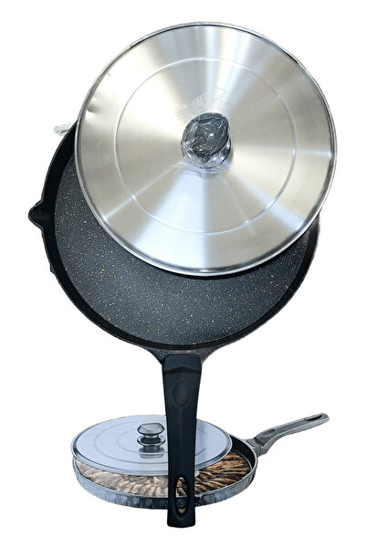 OMS 3293 Çevirme Kapaklı Bazlama Gözleme Balık Tavası Döküm 34 Cm Siyah