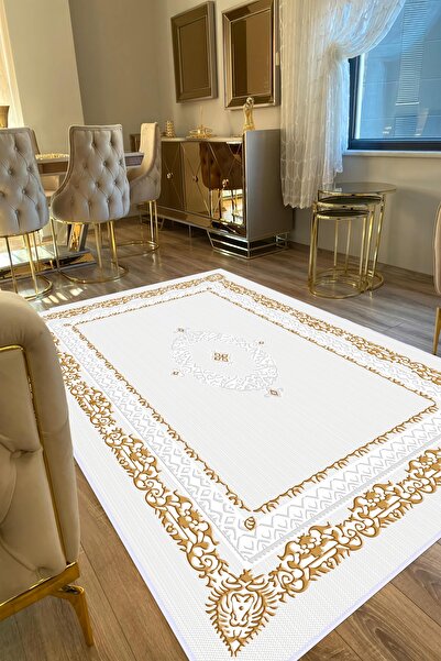 VOPTEKS Beyaz Gold Halı Salon Halısı Makinede Yıkanabilir Halı Kaymaz Taban Halı