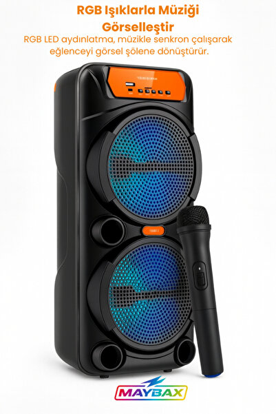 Maybax Taşınabilir Bluetooh FM USB TF Kart Destekli RGB Led Işıklı Kablosuz Mikrofonlu Parti Hoparlörü
