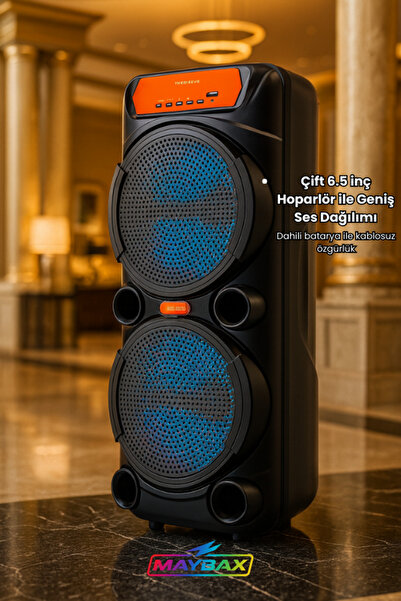 Maybax Taşınabilir Bluetooh FM USB TF Kart Destekli RGB Led Işıklı Kablosuz Mikrofonlu Parti Hoparlörü