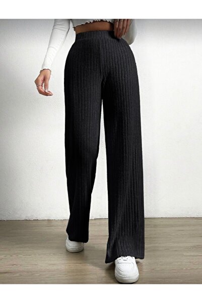 LUVIENNA Fitilli Kadife Geniş Paça Kadın Pantolon – Siyah kemerli