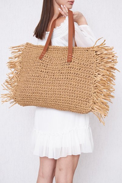 ANJEA Launsina Hand Knitted Paper String Tassel Detailed Shoulder & Hand Bag |   Strength | Lined |   Daily & Beach Bag |