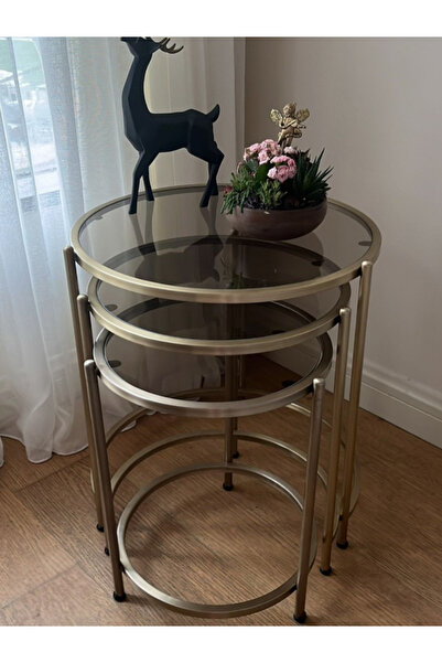 Tutku Oliva Pirinç Eskitme Blok 3'lü Zigon Sehpa Bronz Cam