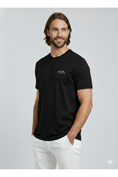 Jack & Jones Men's Black Jjcollege Logo Tee Ss Crew Neck T-Shirt 12288105-Black