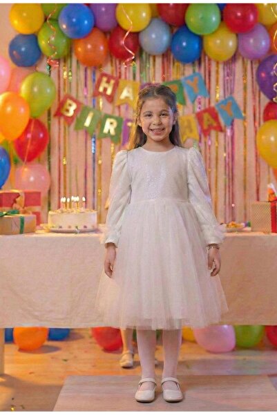 penu baby kids Beyaz Uzun Balon Kumaş Kol Altı Tütülü Kız Bebek Elbise - Cind...