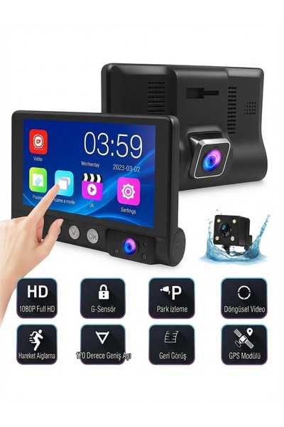 NEFFO DOKUNMATİK 1080P Full HD 3 Kameralı GPS Özellikli Dashcam | G-Sensör, 1...