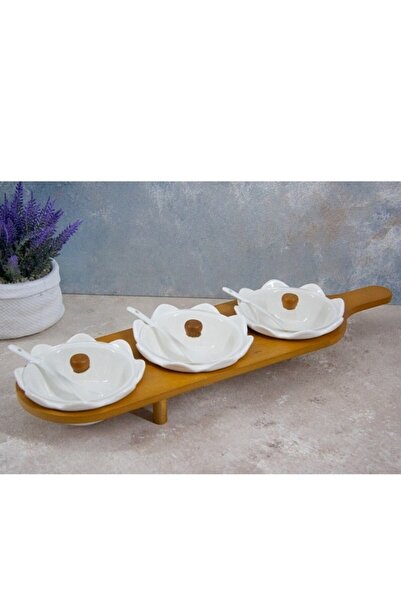 Mondecor Bambu Tepsili 3'lü Porselen Kaşıklıklı Kahvaltılık Servis Sunum Seti