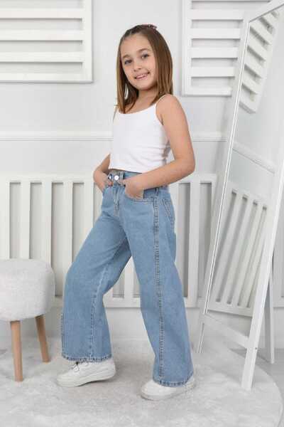 CANAN ÇAKMAK Premium Kalite Mavi Geniş Paça Model Jean Denim Kız Çocuk Pantolon