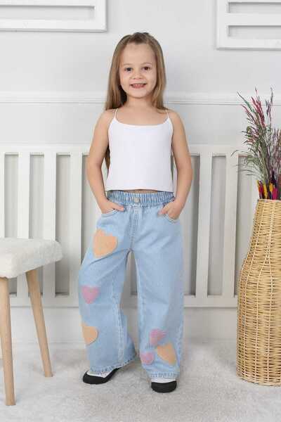 CANAN ÇAKMAK Premium Kalite Mavi Geniş Paça Kalp Desenli Jean Denim Kız Çocuk...