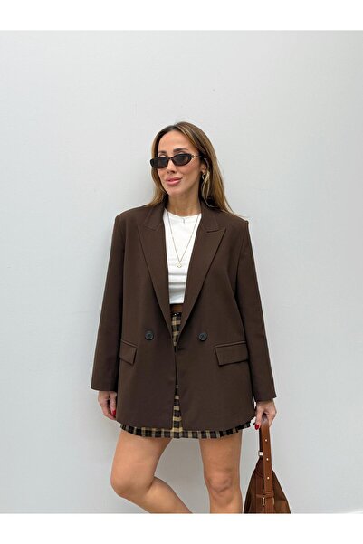 Maldia Shop Kadın Double Kumaş Renkli Astar Kahverengi Blazer Ceket