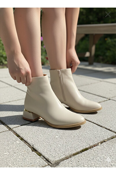 Tamdabu Ayakkabı KREM CİLT 4 CM KALIN GALVANİZ TOPUKLU ŞIK GÜNLÜK KADIN BOT T...