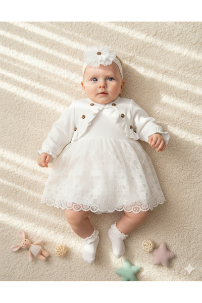 Miniday Baby Kız Bebek Mevlütlük Elbise Bandanalı Dantelli