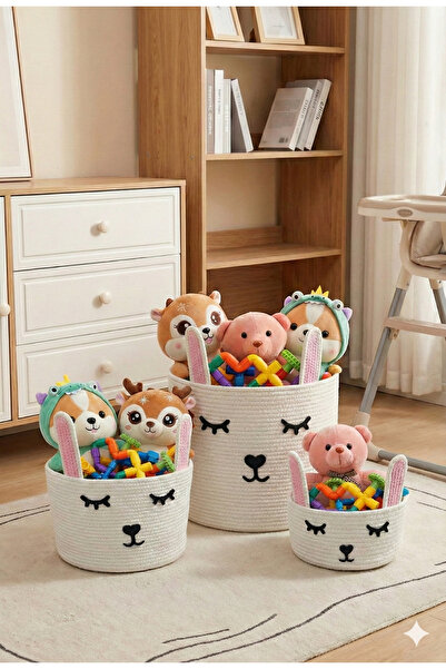 Liya Bella Tavşan Figürlü Üçlü Örgü Sepet Seti - Oyuncak Sepeti - Bebek Odası Sepet - Düzenleyici - Organizer