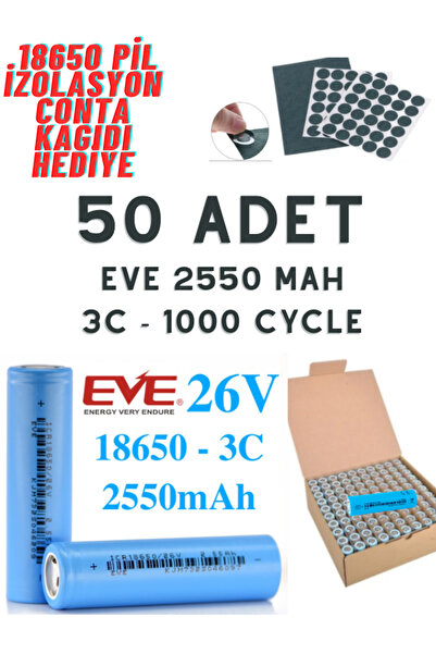Eve 50 adet 18650 2550mAh 26V Lityum Pil | 18650 Li-Ion Batarya Hücresi | Uzu...