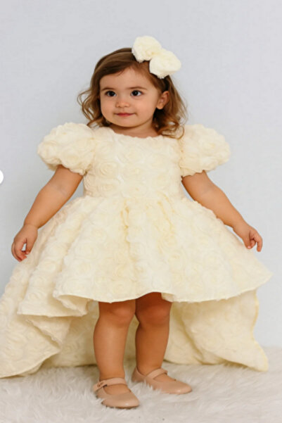 miço kids Kız Çocuk Abiye Elbise 3D Gül Detaylı Fiyonklu Özel Gün Elbisesi