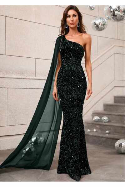 SELİN MODA EVİ TEK OMUZ ŞİFON PELERİN KOLLU KADİFE ELBİSE