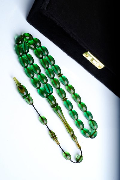 TESBİHEFENDİ Boxed Prayer Beads - Special Craftsmanship Mastercraft System Tassel Green Fire Amber Prayer Beads