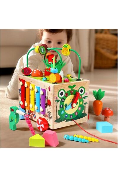 Picodino Cub educațional Montessori din lemn, cub de activități 5 în 1 pentru...