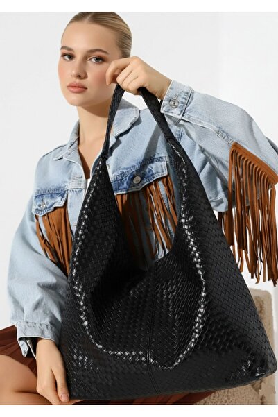MioArt Μεγάλη μαύρη πλεκτή γυναικεία τσάντα ώμου με υφή, χαλαρή εμφάνιση και ...