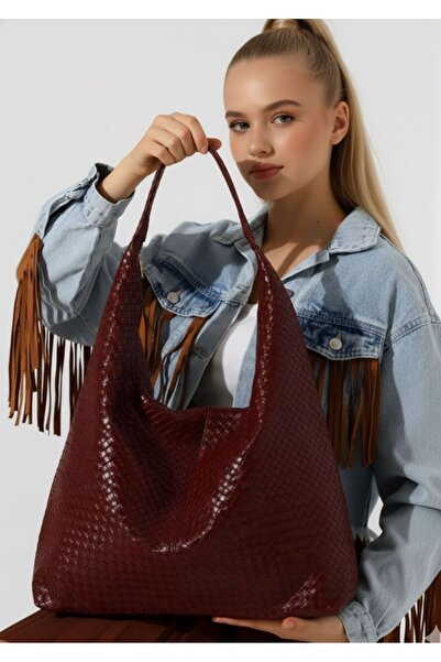 MioArt Μεγάλη γυναικεία τσάντα ώμου με πλέξη μπορντό, υφή casual και μεγάλο όγκο
