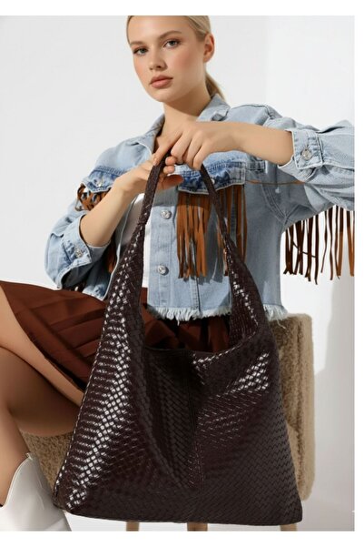 MioArt Geantă de umăr pentru femei, cu textură tricotată în nuanțe de maro, c...