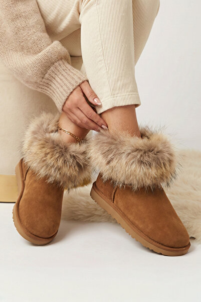 Bruno Shoes Taba Rengi Hakiki Süet İçi Dışı Gerçek Kürklü Kadın Panduf Bot