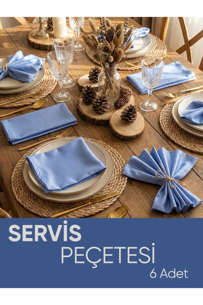 Piyes Home Mavi Renk Pamuk Saten Servis Peçetesi Sunum Peçetesi Amerikan Servis 6'lı Kumaş Peçete – 45x45 cm