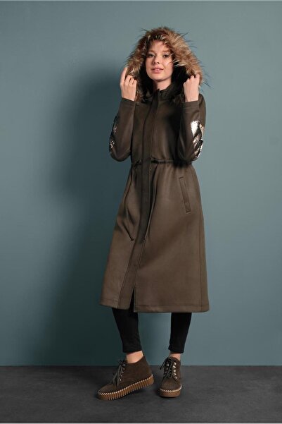 Alvina Пальто з капюшоном з хутром на рукавах, з паєтками, габардин 90010